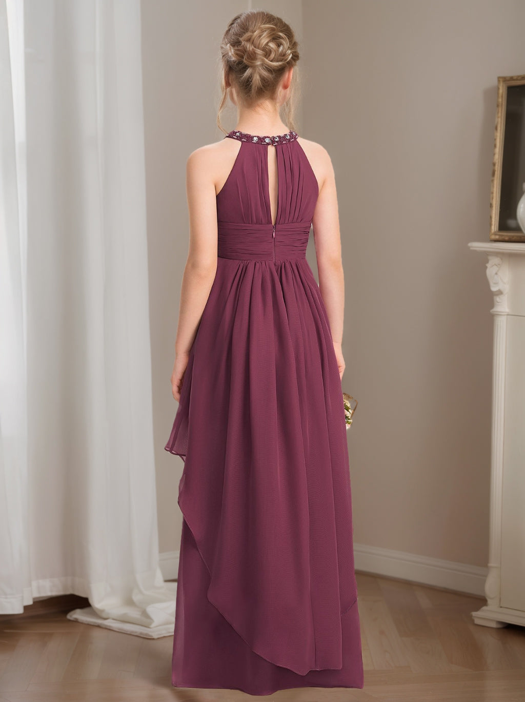 Junior Girl's Floor-Length A-Line Princess Halter Bridesmaid Dress with Beadings