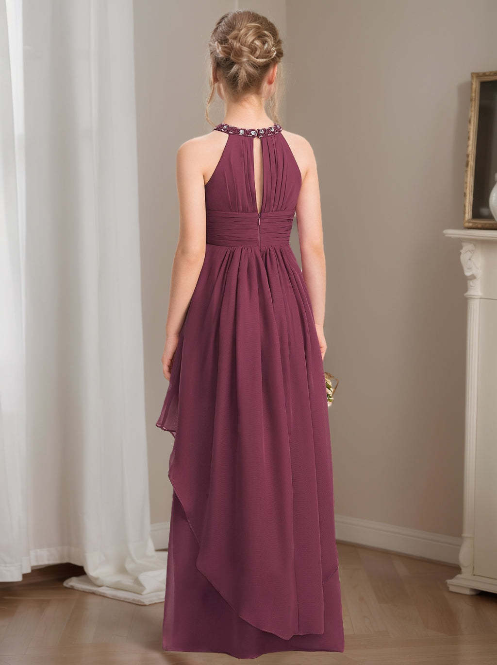 Junior Girl's Floor-Length A-Line Princess Halter Bridesmaid Dress with Beadings