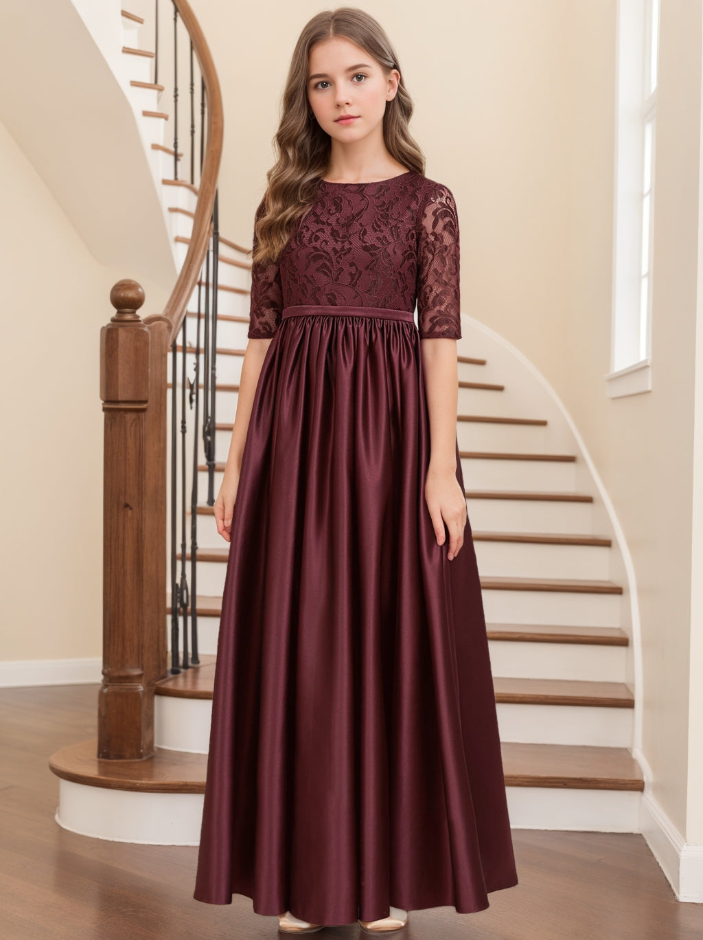 Junior Girl Bridesmaid Dress with Half Sleeves and A-Line Princess Cut in Lace Ankle-Length