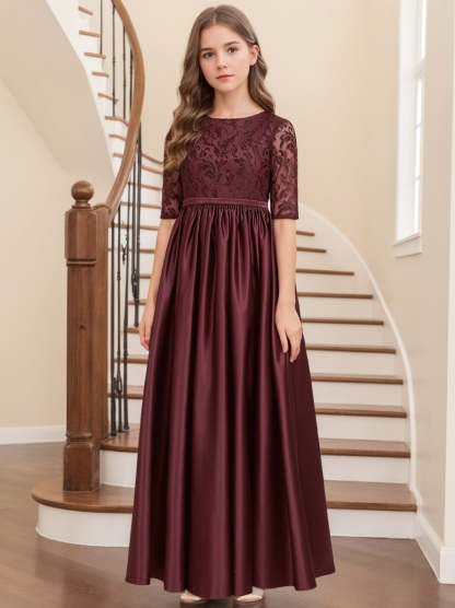 Junior Girl Bridesmaid Dress with Half Sleeves and A-Line Princess Cut in Lace Ankle-Length
