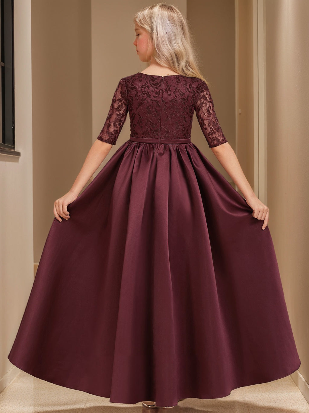 Junior Girl Bridesmaid Dress with Half Sleeves and A-Line Princess Cut in Lace Ankle-Length