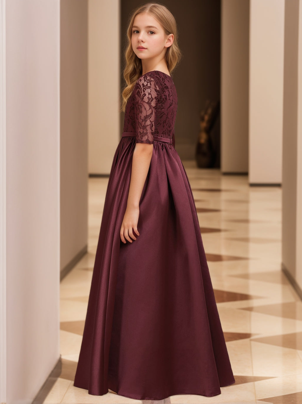 Junior Girl Bridesmaid Dress with Half Sleeves and A-Line Princess Cut in Lace Ankle-Length