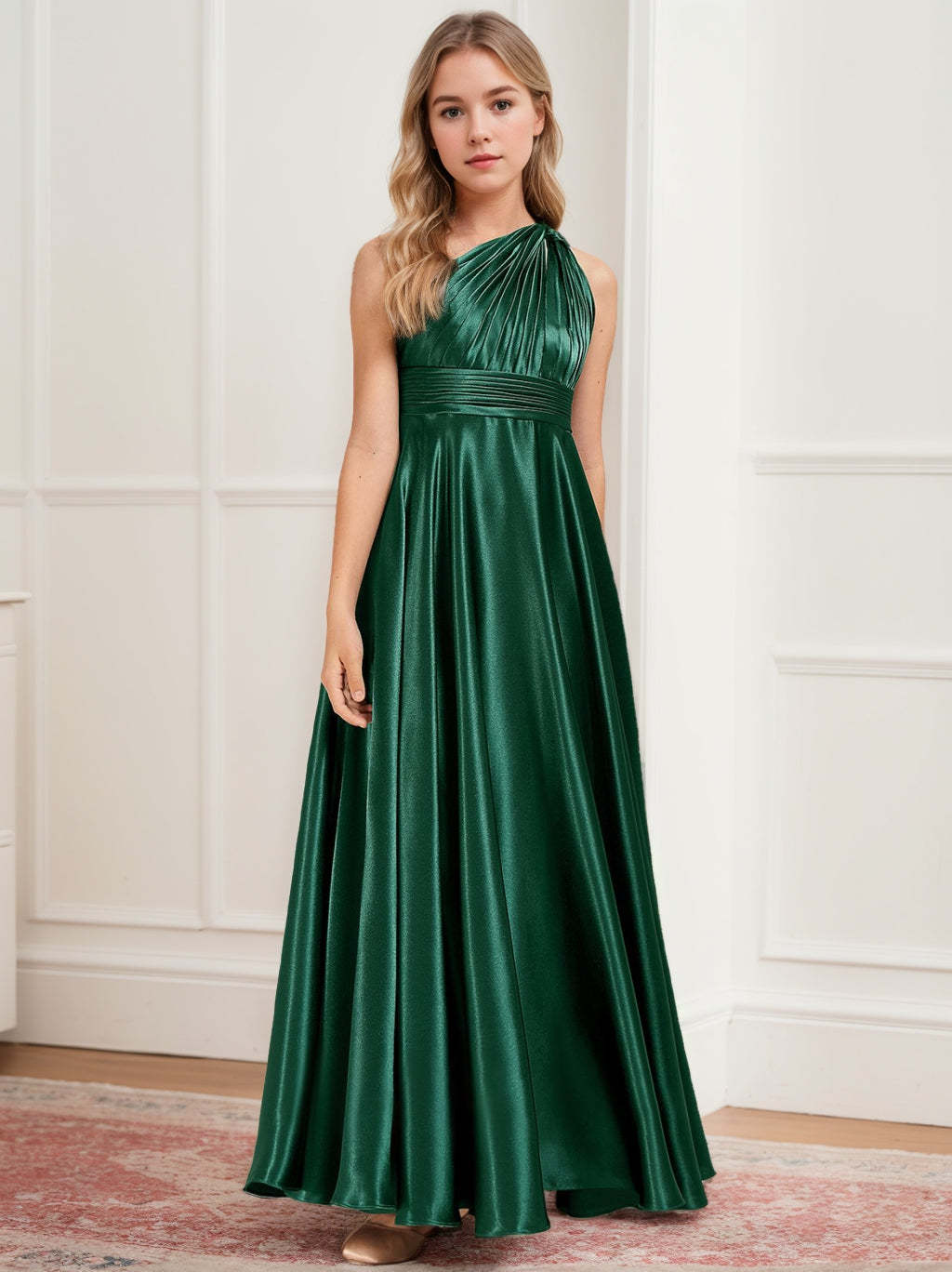 One-Shoulder A-Line Pleated Bridesmaid Dress for Junior Girls Ankle-Length