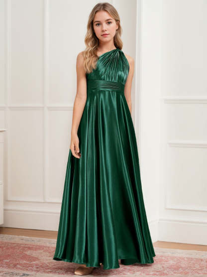 One-Shoulder A-Line Pleated Bridesmaid Dress for Junior Girls Ankle-Length