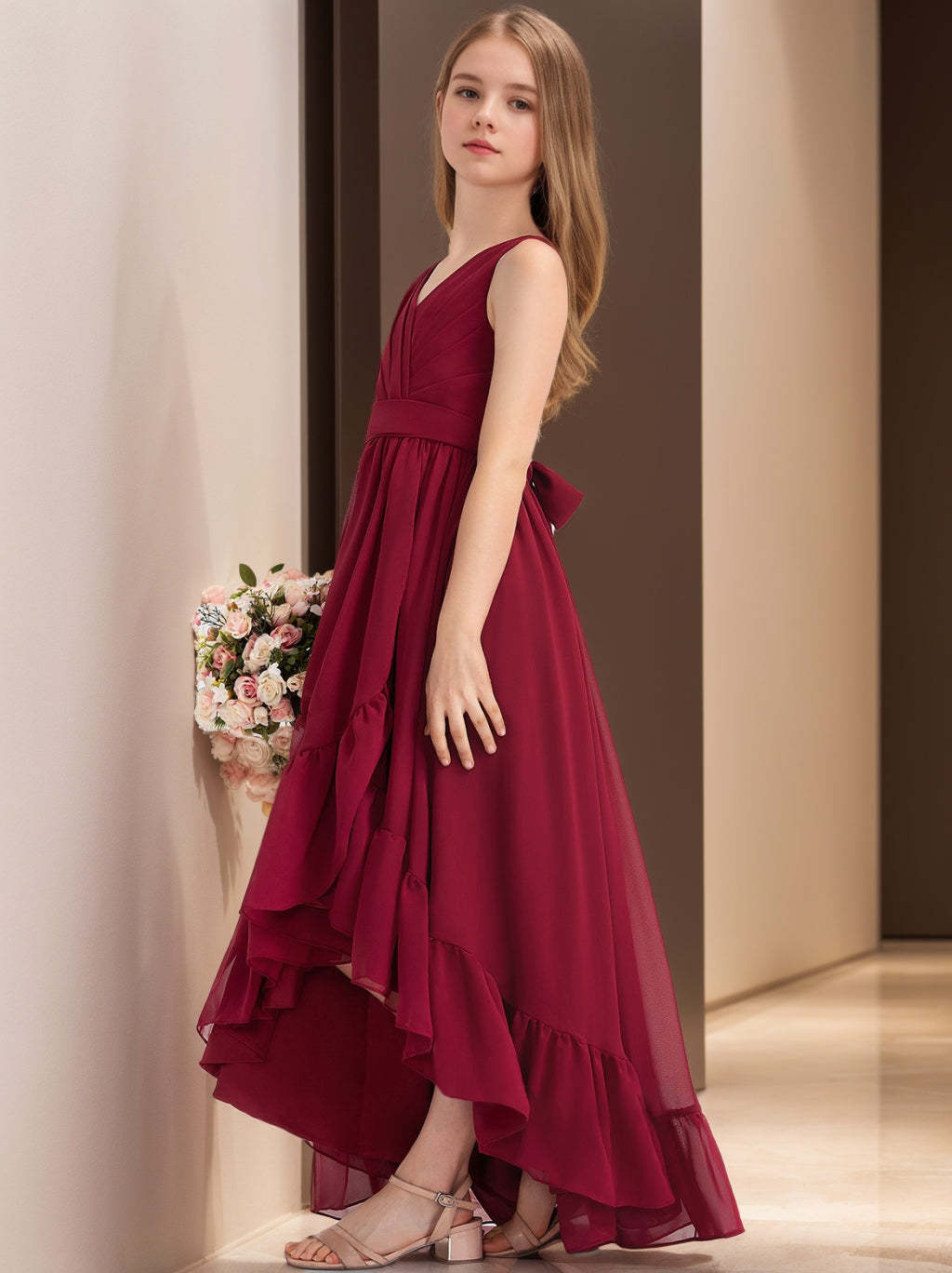 Junior Girl's V-Neck Ruffled Bridesmaid Dress with High Low Pleats