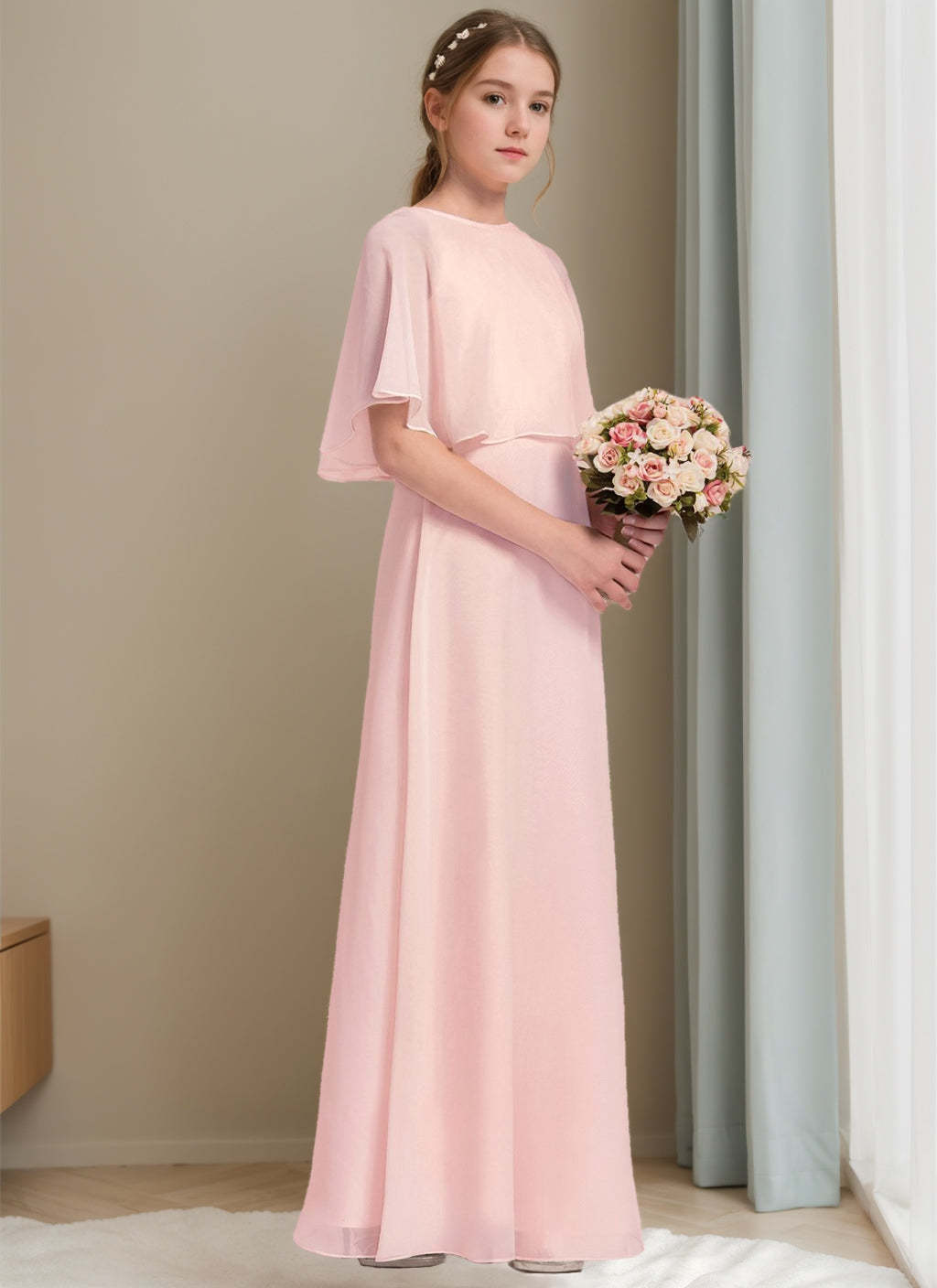 Junior Girl Bridesmaid Dresses with Round Neck and A-Line Princess Floor-Length Design