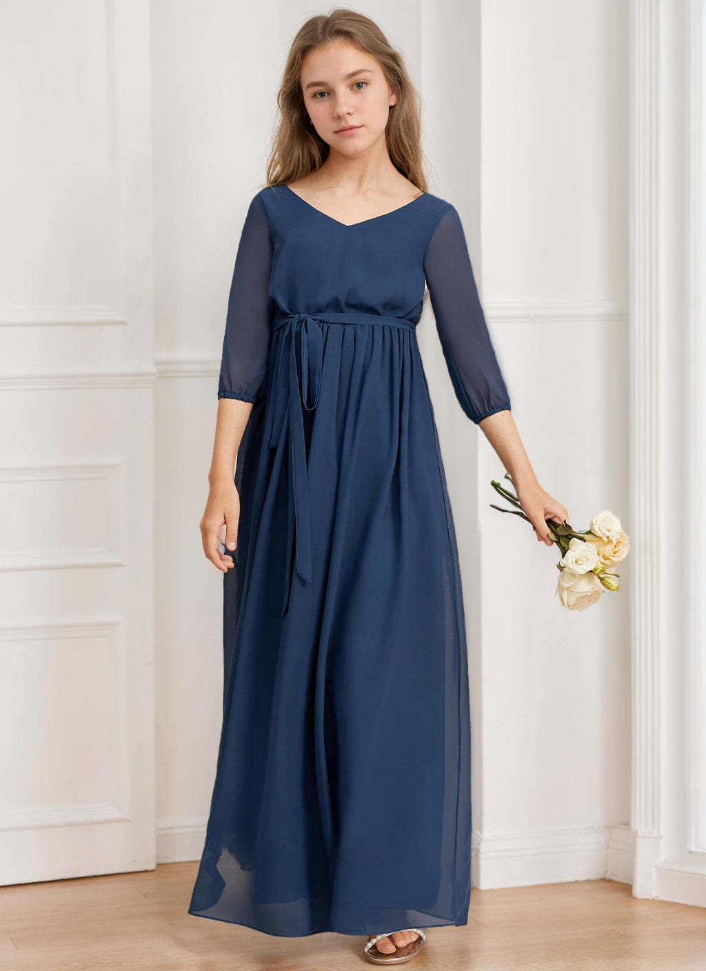 Junior Girl's A-Line Princess V-Neck Bridesmaid Dress with 3/4 Sleeves and Sash