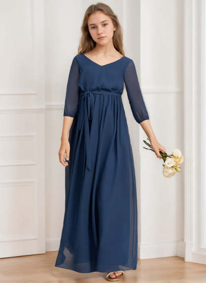 Junior Girl's A-Line Princess V-Neck Bridesmaid Dress with 3/4 Sleeves and Sash