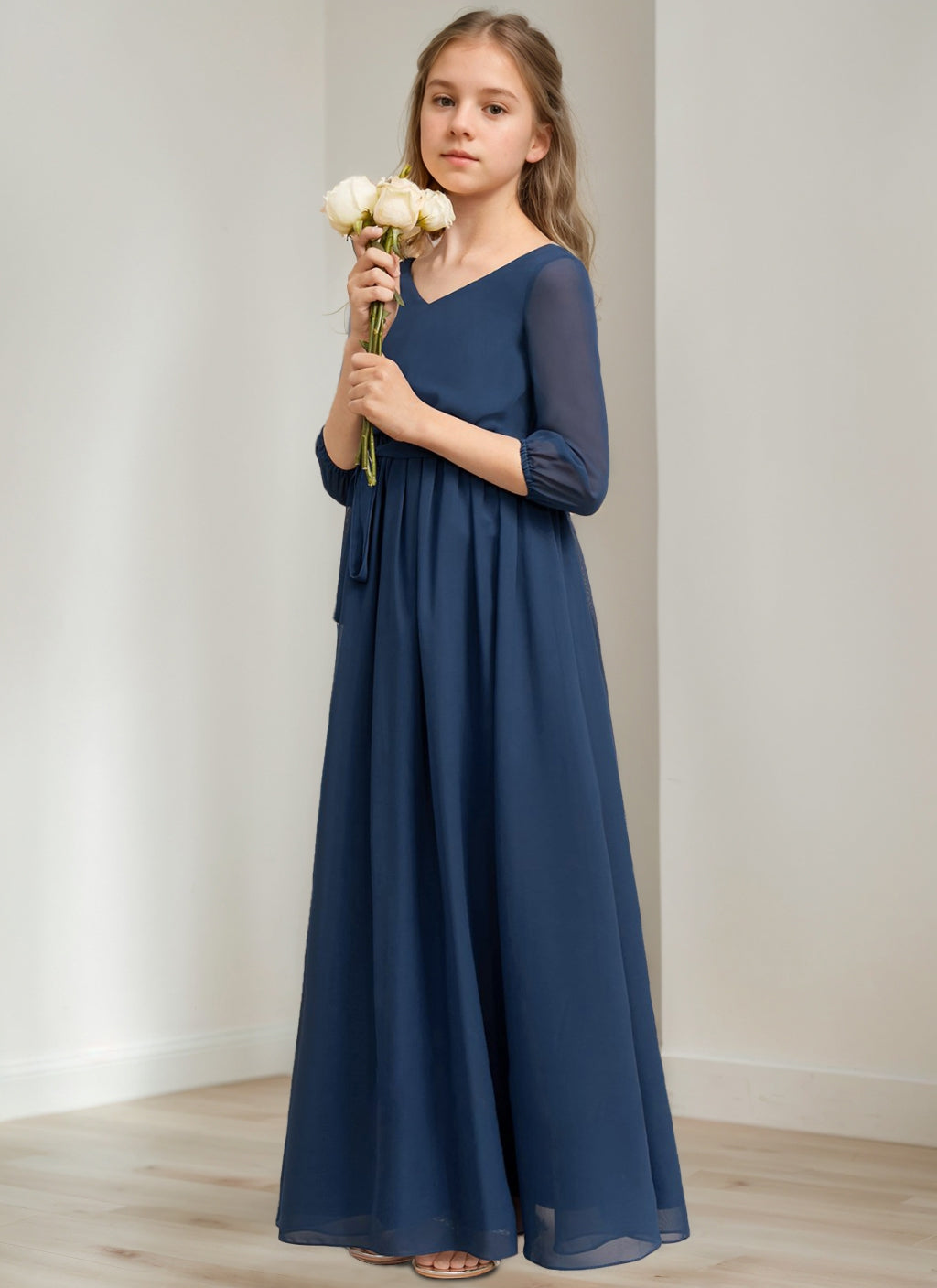 Junior Girl's A-Line Princess V-Neck Bridesmaid Dress with 3/4 Sleeves and Sash