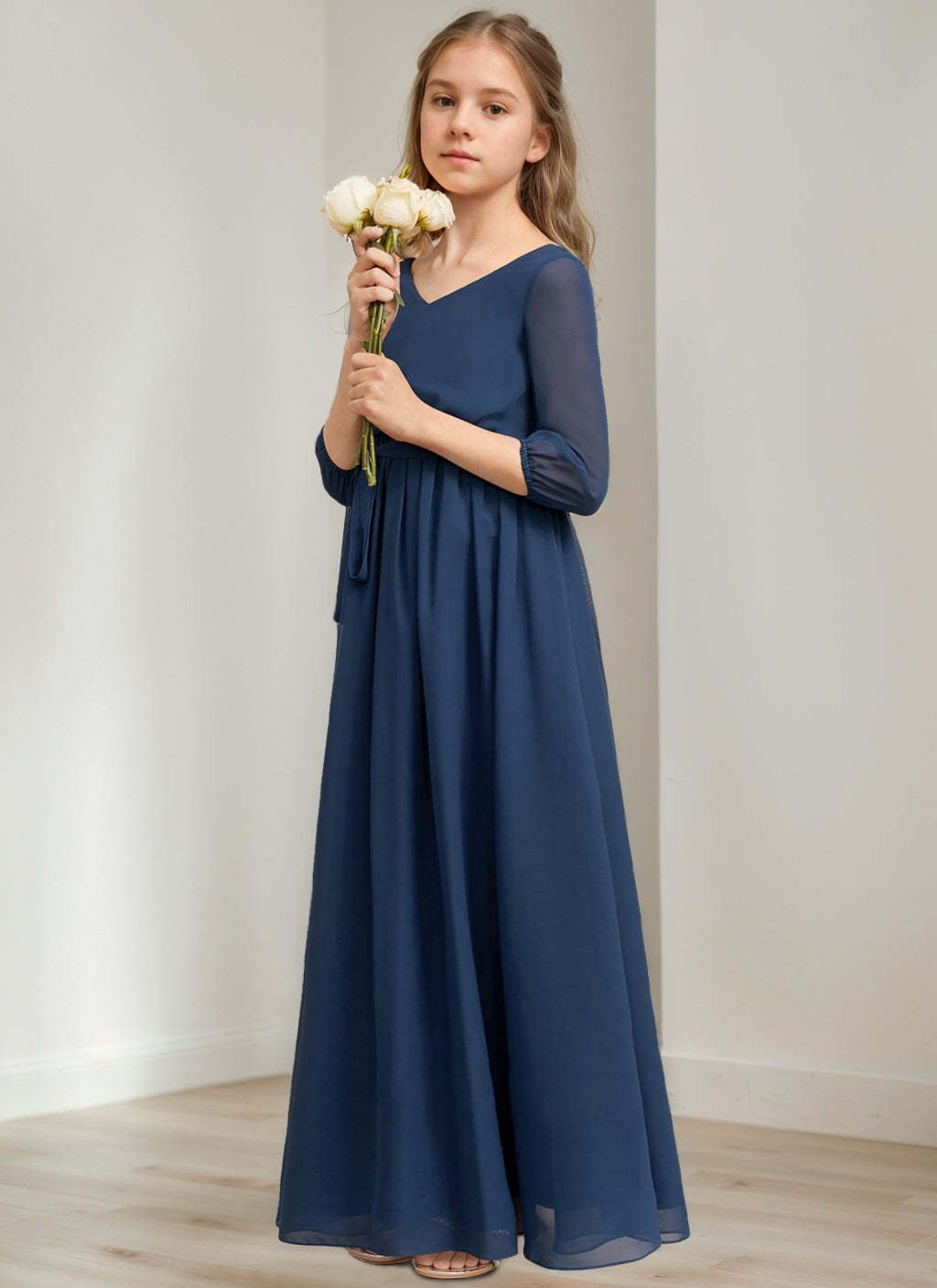 Junior Girl's A-Line Princess V-Neck Bridesmaid Dress with 3/4 Sleeves and Sash