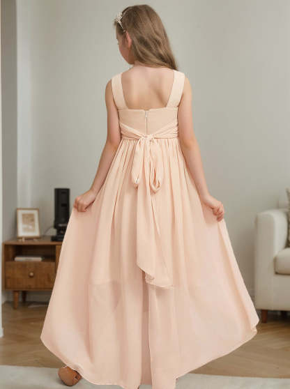Asymmetrical Pleated Chiffon Junior Bridesmaid Dress in A-Line with V-Neck and Flower