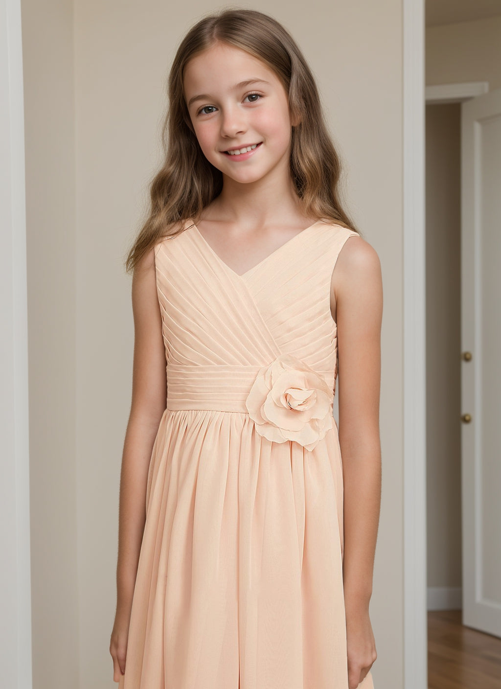 Asymmetrical Pleated Chiffon Junior Bridesmaid Dress in A-Line with V-Neck and Flower