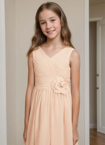 Asymmetrical Pleated Chiffon Junior Bridesmaid Dress in A-Line with V-Neck and Flower
