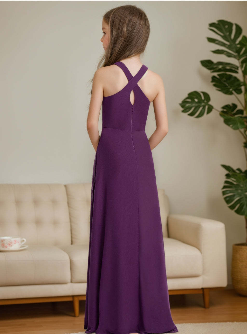Halter Sleeveless Junior Bridesmaid Dress with A-line/Princess Floor-Length Silhouette