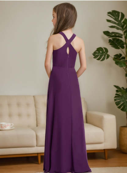 Halter Sleeveless Junior Bridesmaid Dress with A-line/Princess Floor-Length Silhouette