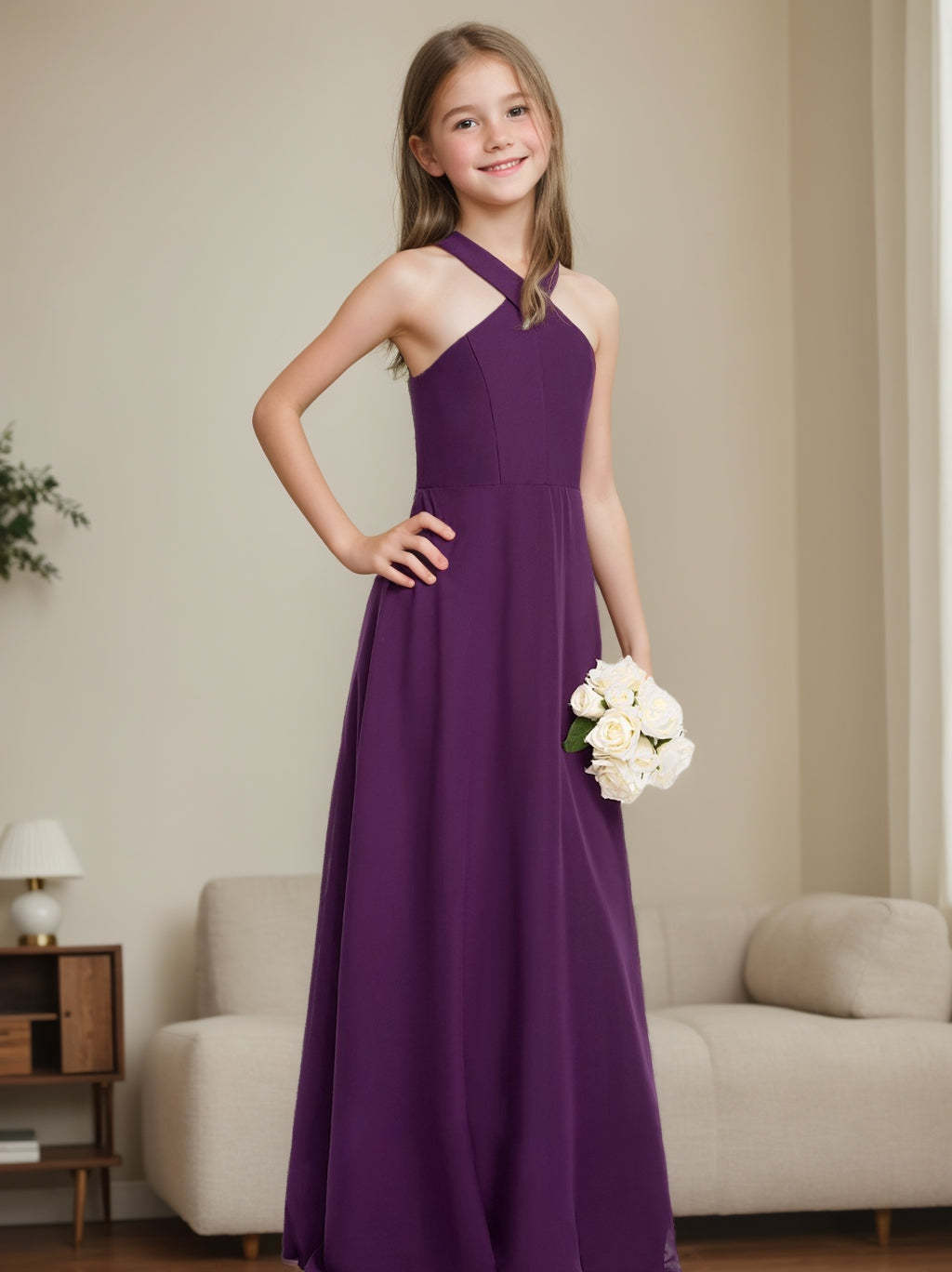 Halter Sleeveless Junior Bridesmaid Dress with A-line/Princess Floor-Length Silhouette