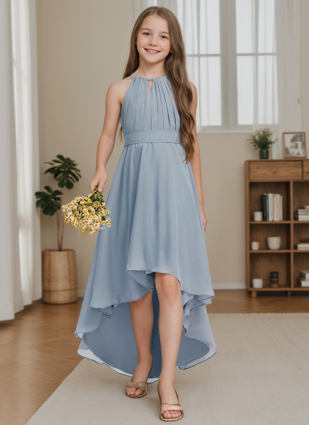 Asymmetrical Halter A-line Princess Junior Bridesmaid Dress Featuring Pleats