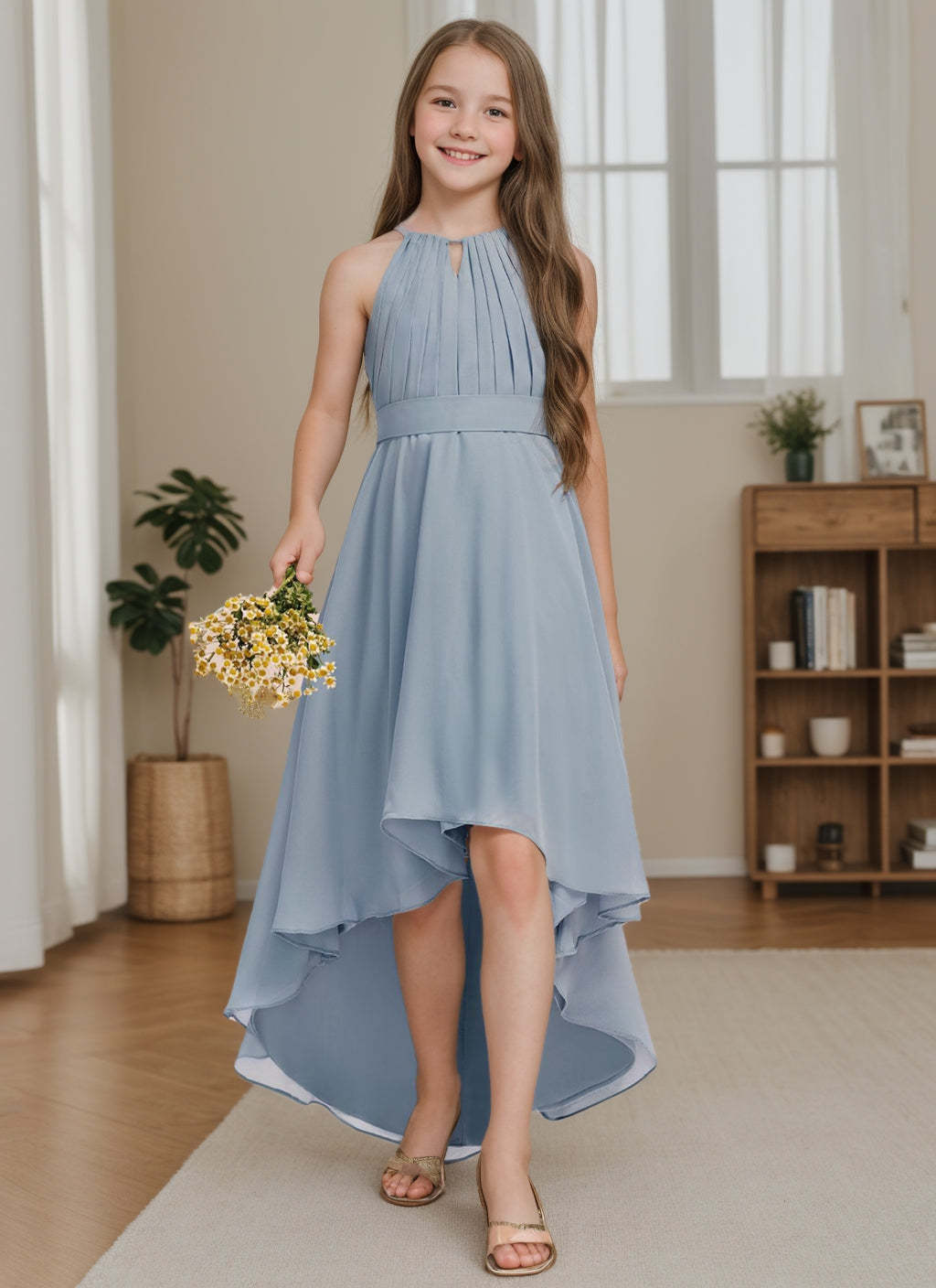 Asymmetrical Halter A-line Princess Junior Bridesmaid Dress Featuring Pleats