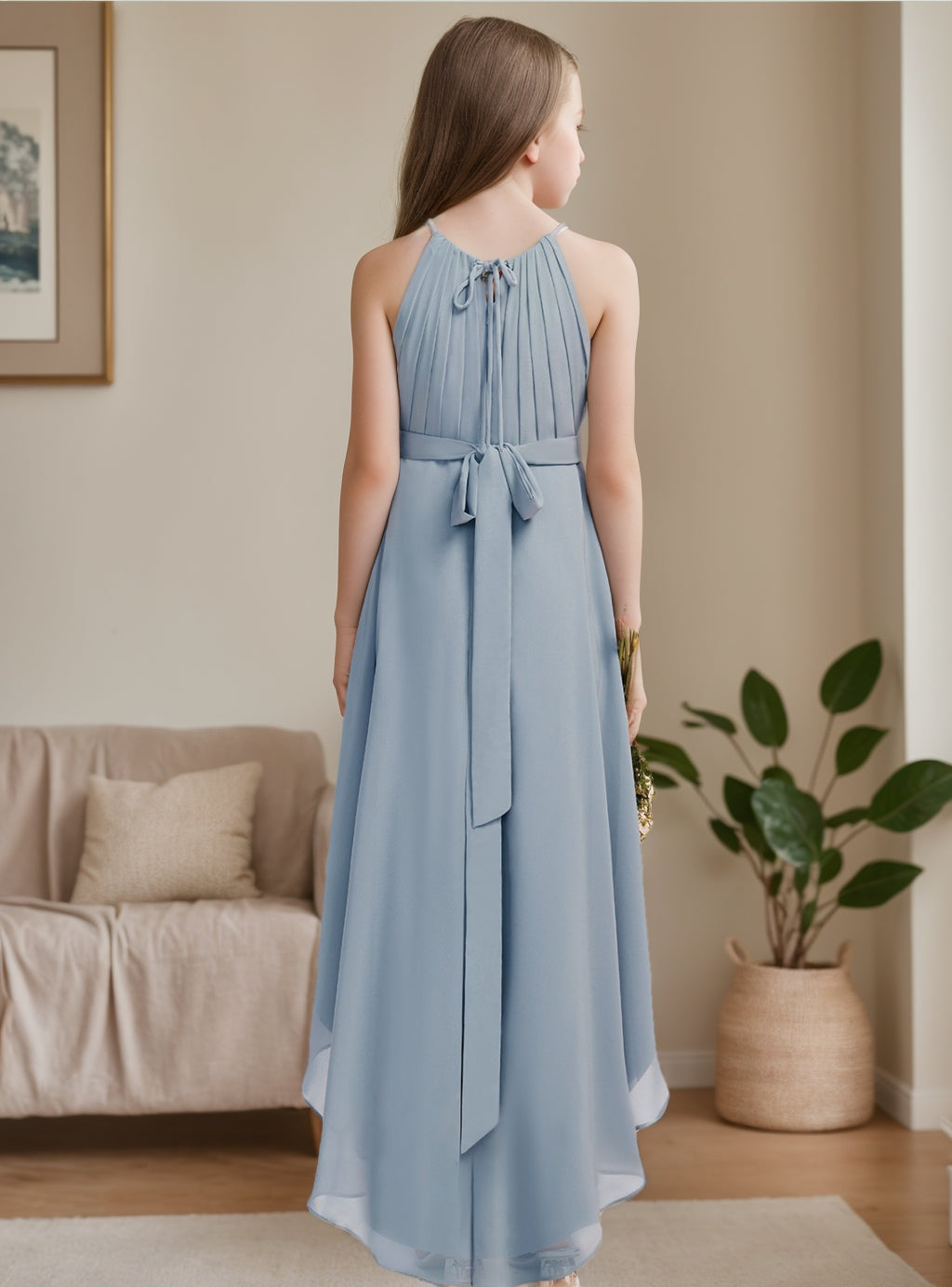 Asymmetrical Halter A-line Princess Junior Bridesmaid Dress Featuring Pleats