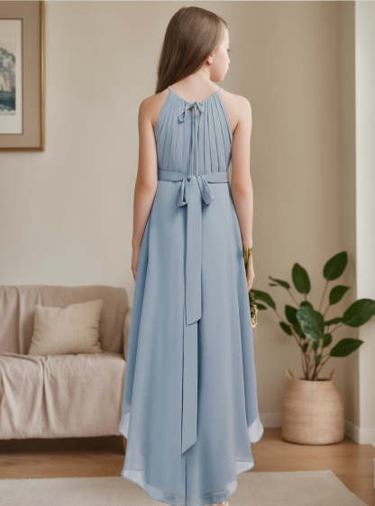 Asymmetrical Halter A-line Princess Junior Bridesmaid Dress Featuring Pleats