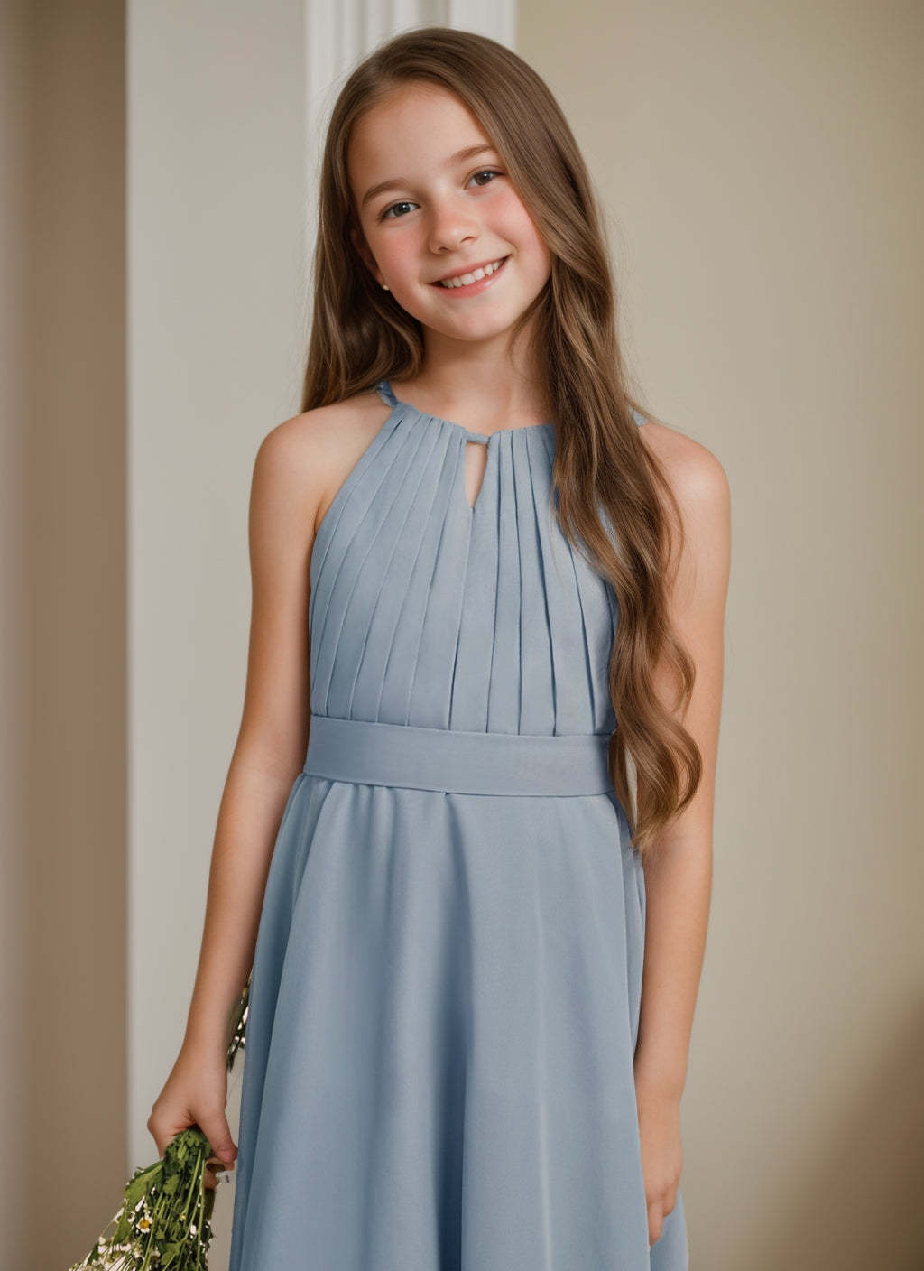 Asymmetrical Halter A-line Princess Junior Bridesmaid Dress Featuring Pleats