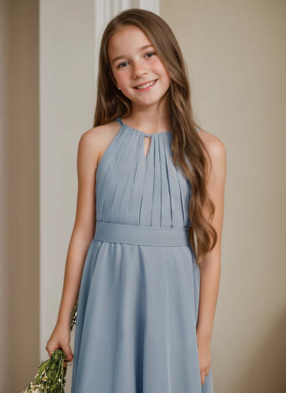 Asymmetrical Halter A-line Princess Junior Bridesmaid Dress Featuring Pleats