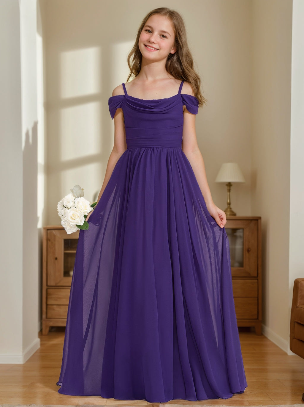 Princess A-line Floor-Length Off-the-Shoulder Junior Bridesmaid Dresses