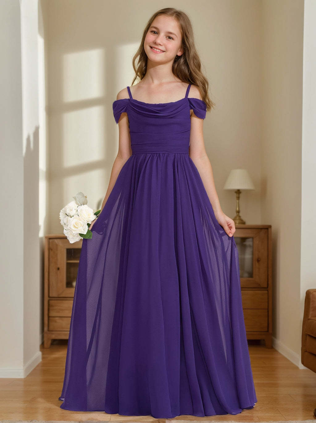 Princess A-line Floor-Length Off-the-Shoulder Junior Bridesmaid Dresses