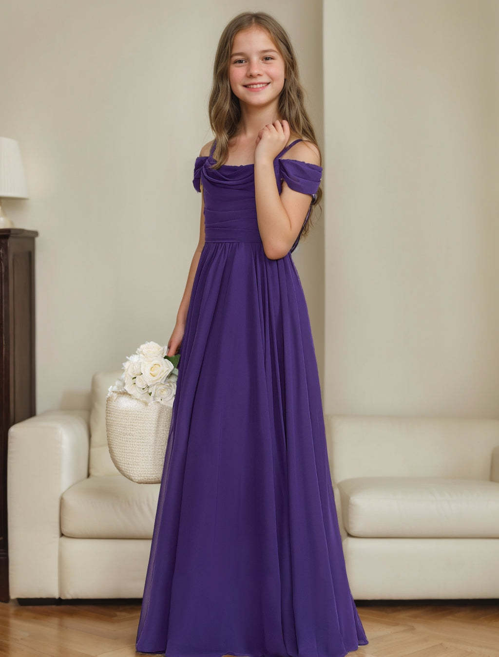 Princess A-line Floor-Length Off-the-Shoulder Junior Bridesmaid Dresses