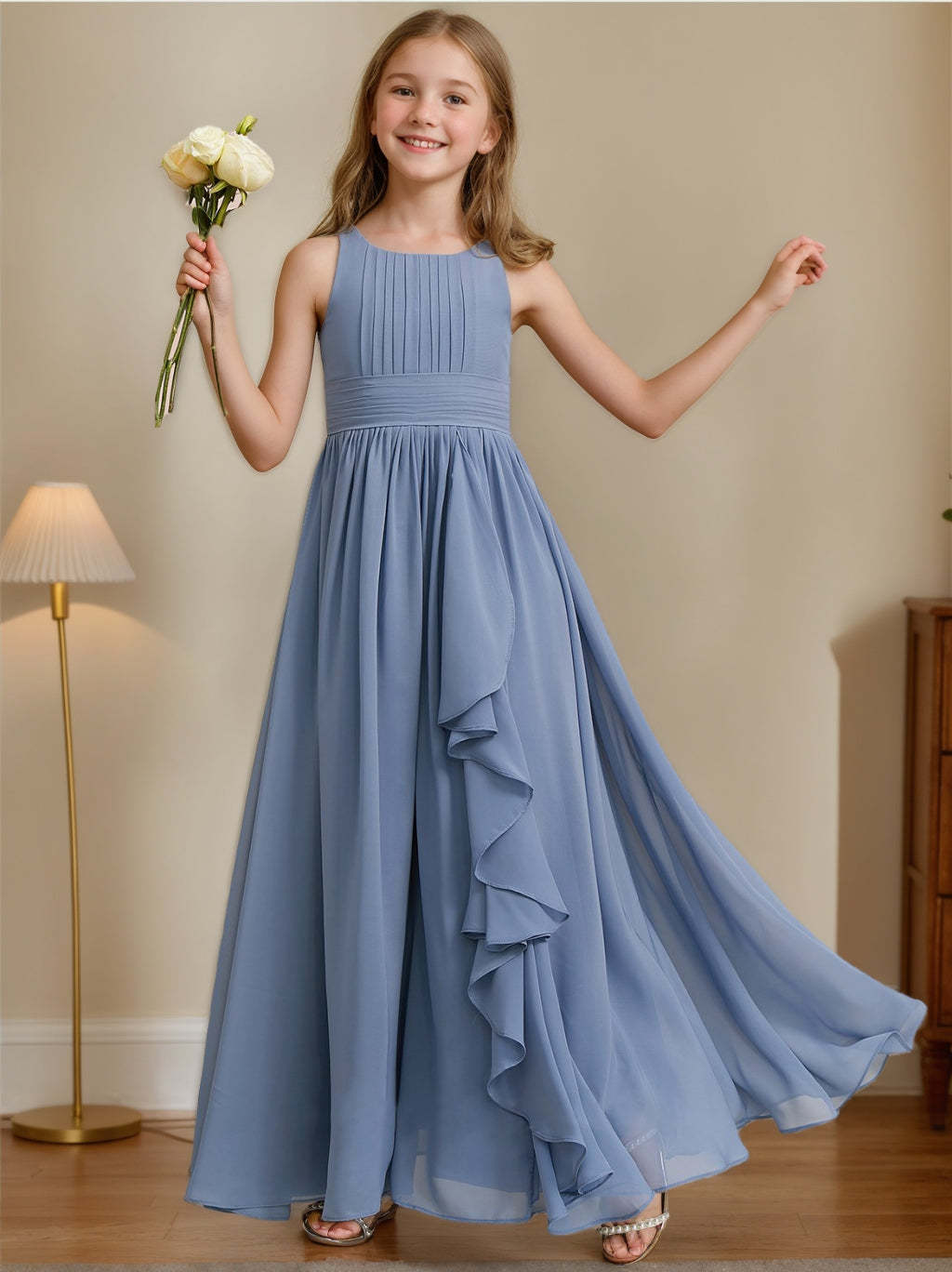 Floor-Length Sleeveless Junior Bridesmaid Dress with Ruffles in A-line/Princess Style
