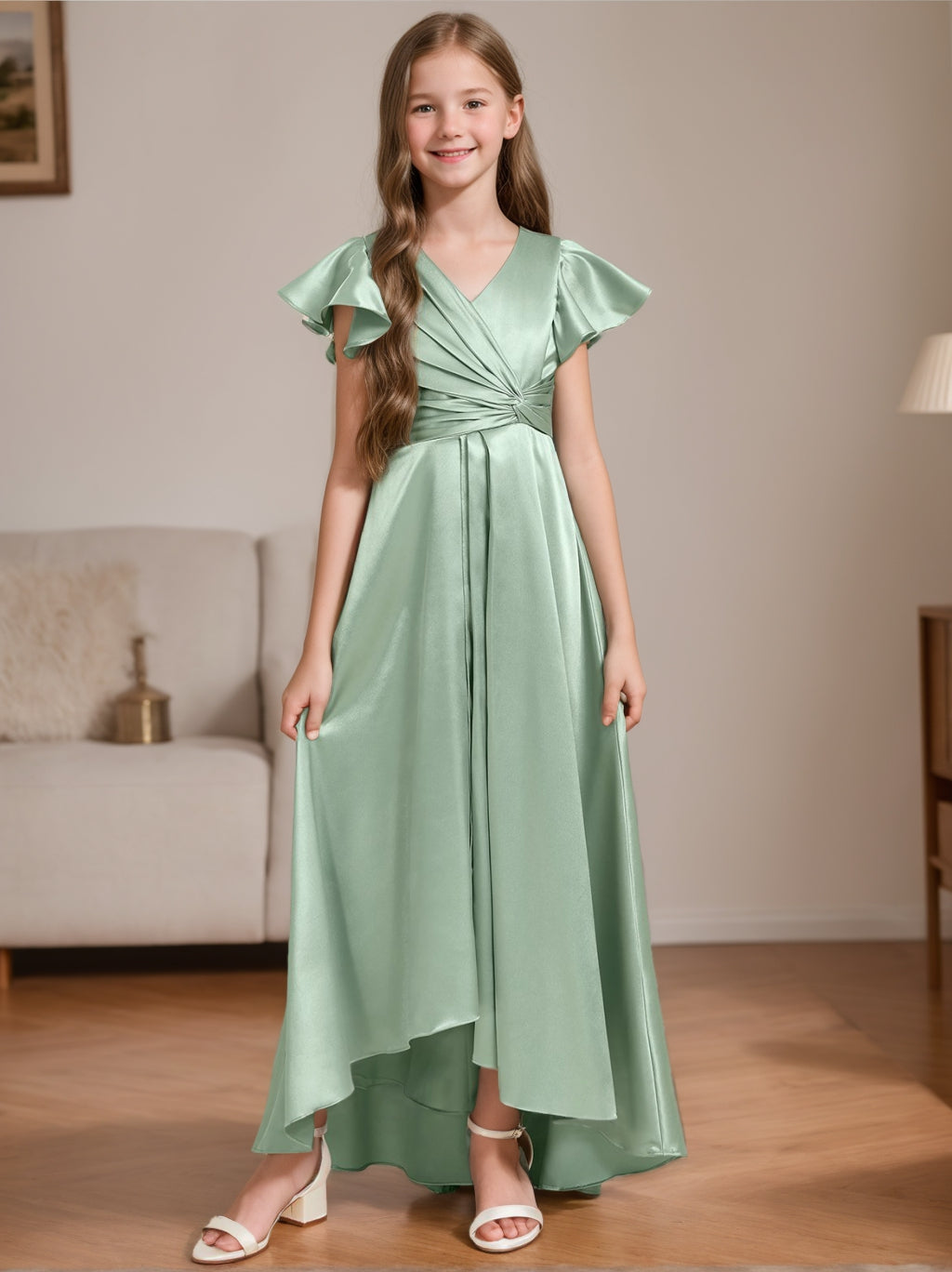 V-Neck A-Line Princess High-Low Junior Bridesmaid Dresses with Short Sleeves and Pleated Detail