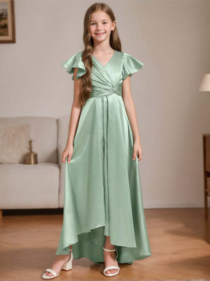 V-Neck A-Line Princess High-Low Junior Bridesmaid Dresses with Short Sleeves and Pleated Detail