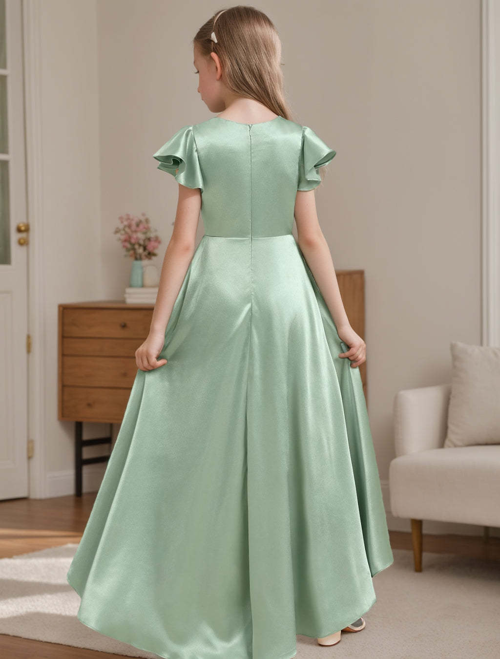 V-Neck A-Line Princess High-Low Junior Bridesmaid Dresses with Short Sleeves and Pleated Detail