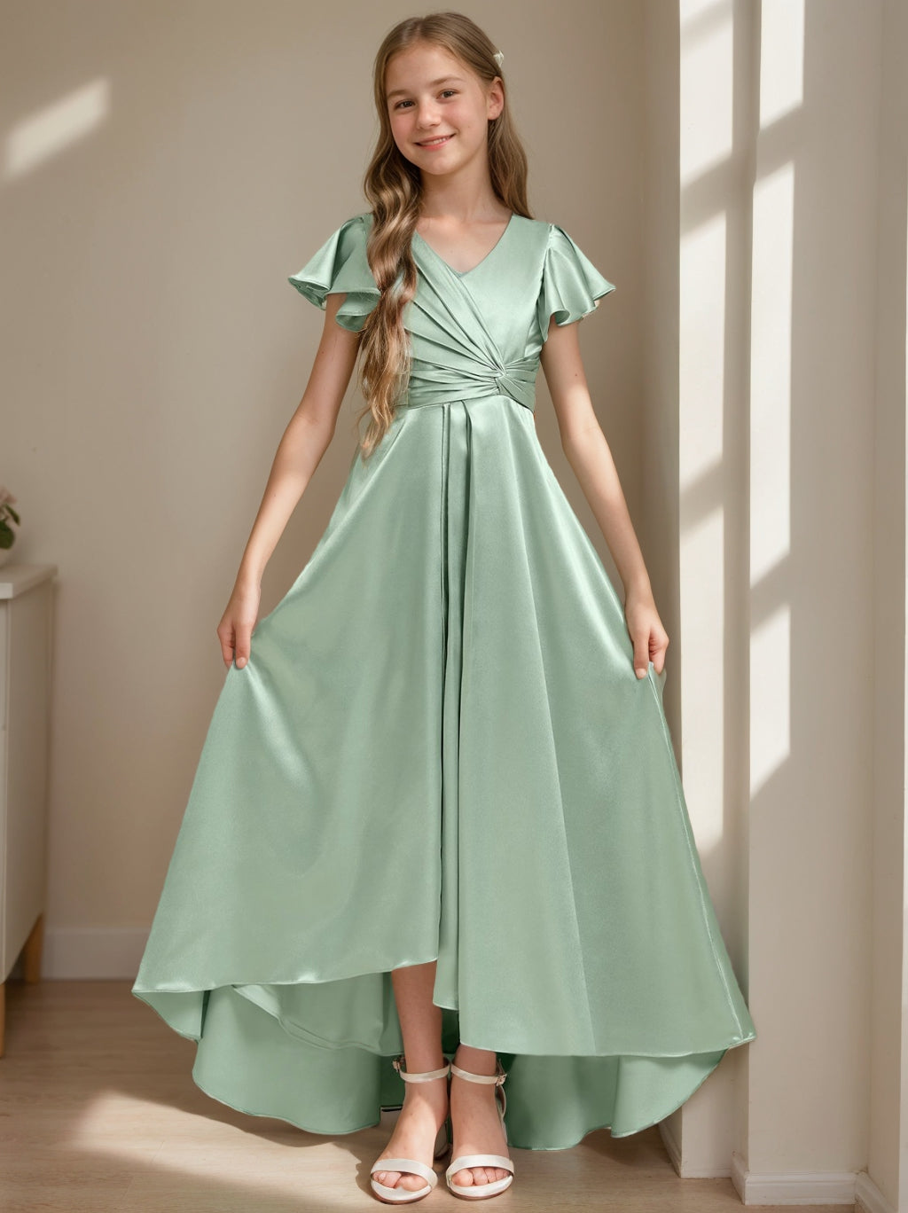 V-Neck A-Line Princess High-Low Junior Bridesmaid Dresses with Short Sleeves and Pleated Detail