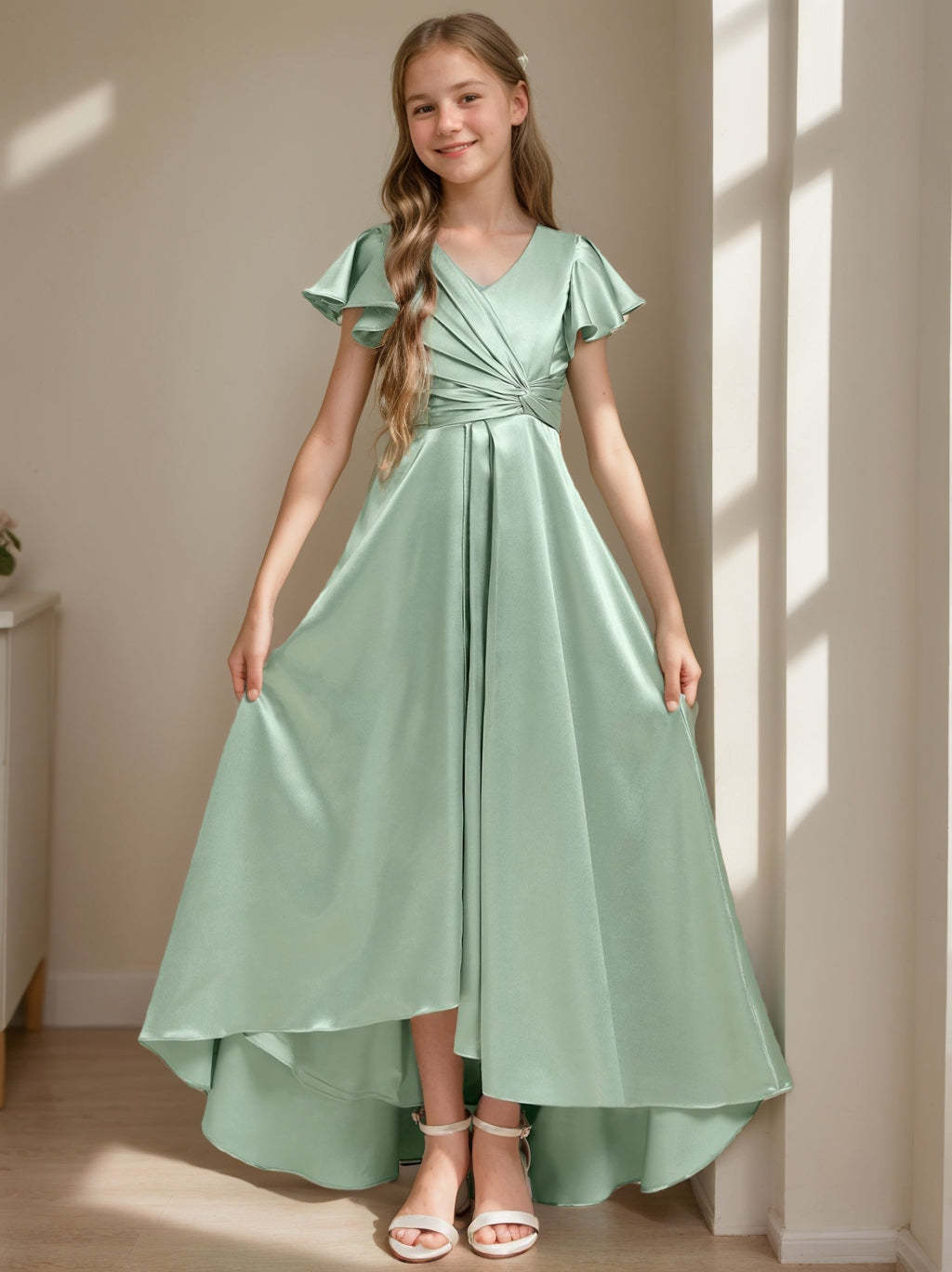 V-Neck A-Line Princess High-Low Junior Bridesmaid Dresses with Short Sleeves and Pleated Detail
