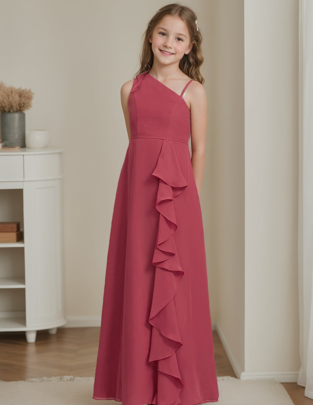 One-Shoulder Floor-Length A-Line Junior Bridesmaid Dress with Ruffles