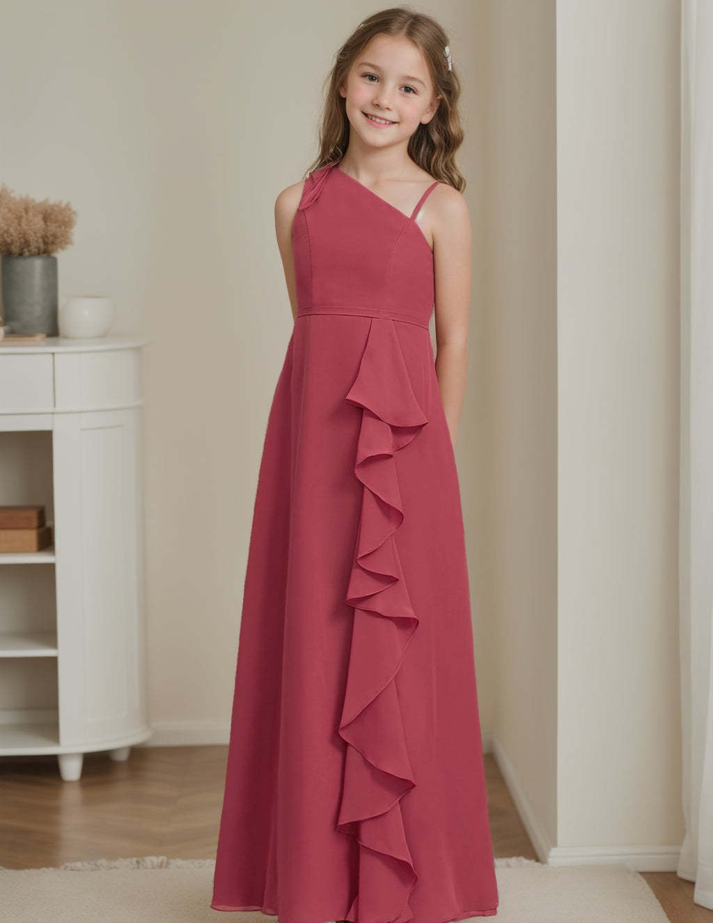 One-Shoulder Floor-Length A-Line Junior Bridesmaid Dress with Ruffles