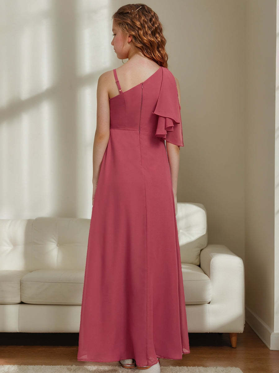 One-Shoulder Floor-Length A-Line Junior Bridesmaid Dress with Ruffles
