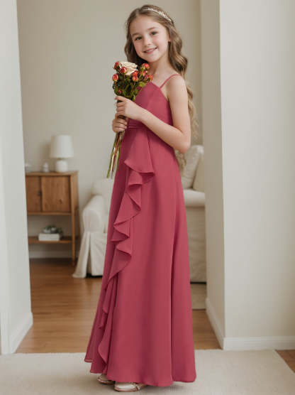 One-Shoulder Floor-Length A-Line Junior Bridesmaid Dress with Ruffles