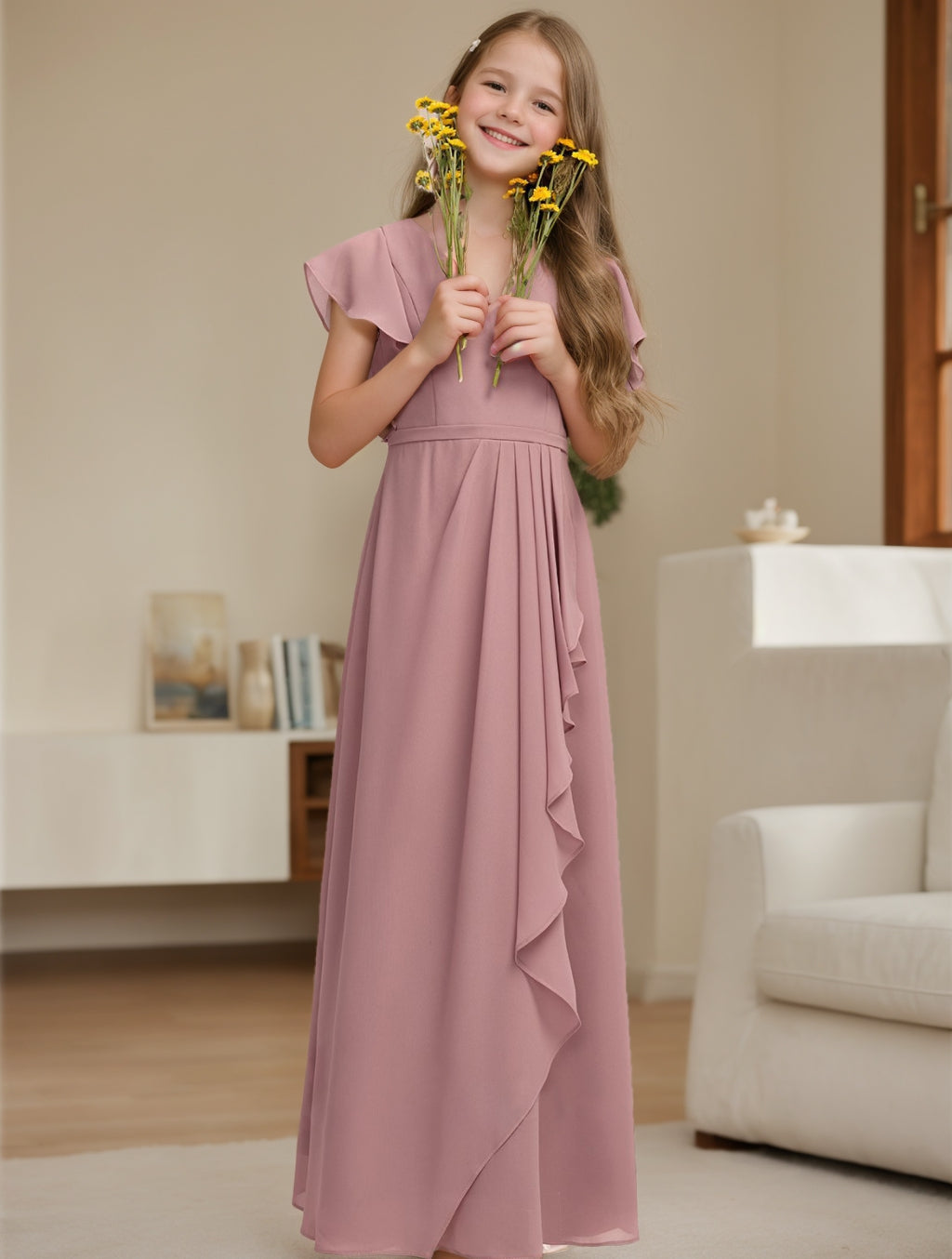 V-Neck A-Line Princess Junior Bridesmaid Dress with Short Sleeves and Ruffles