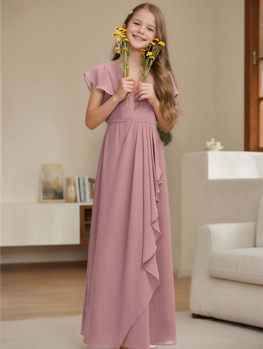 V-Neck A-Line Princess Junior Bridesmaid Dress with Short Sleeves and Ruffles