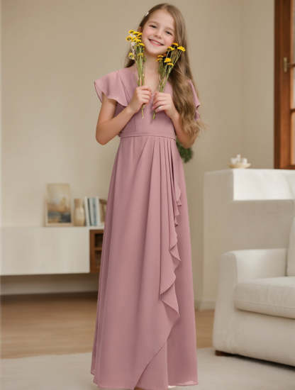 V-Neck A-Line Princess Junior Bridesmaid Dress with Short Sleeves and Ruffles