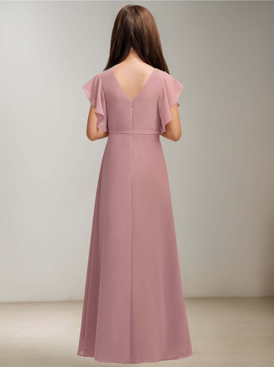 V-Neck A-Line Princess Junior Bridesmaid Dress with Short Sleeves and Ruffles