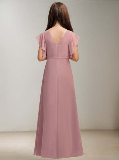 V-Neck A-Line Princess Junior Bridesmaid Dress with Short Sleeves and Ruffles