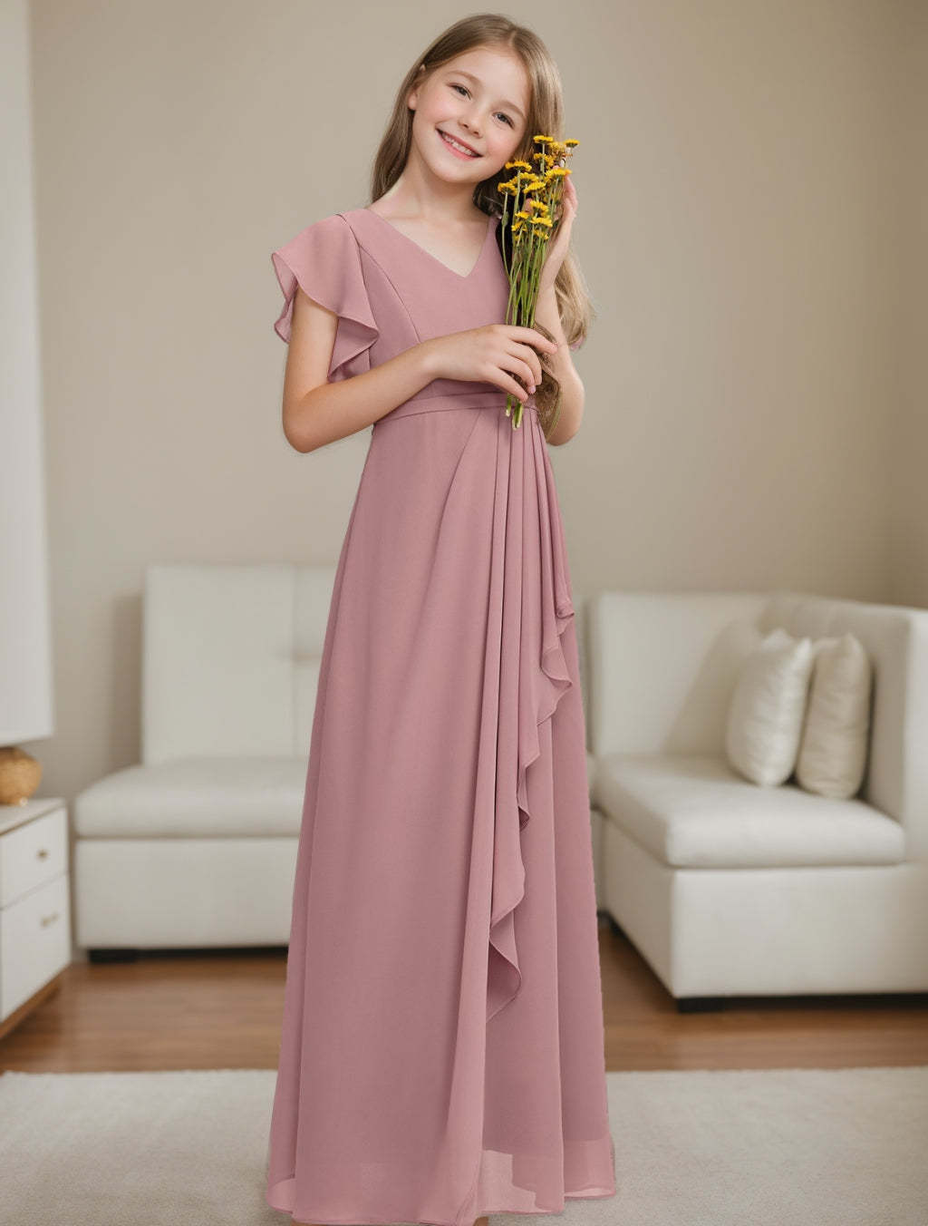 V-Neck A-Line Princess Junior Bridesmaid Dress with Short Sleeves and Ruffles