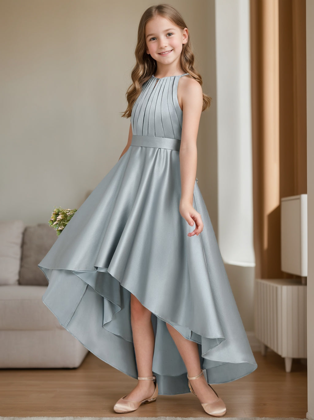 Princess A-line Halter High Low Junior Bridesmaid Dress With Pleats and Sleeveless Design