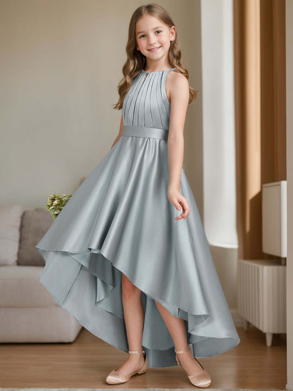 Princess A-line Halter High Low Junior Bridesmaid Dress With Pleats and Sleeveless Design