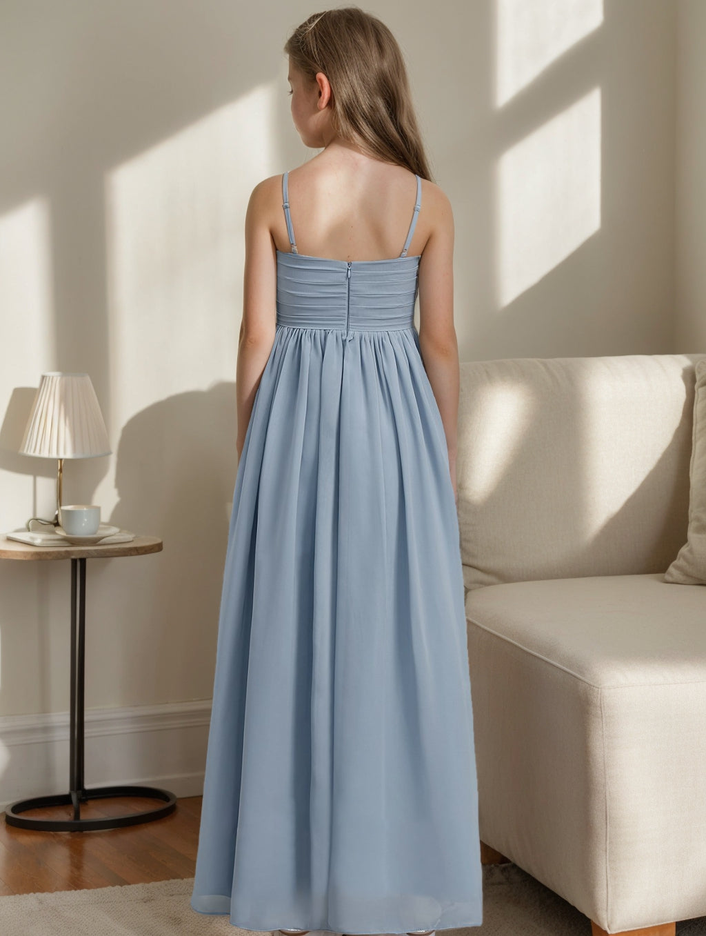 Princess A-line V-Neck Junior Bridesmaid Dress with Spaghetti Straps and Pleats