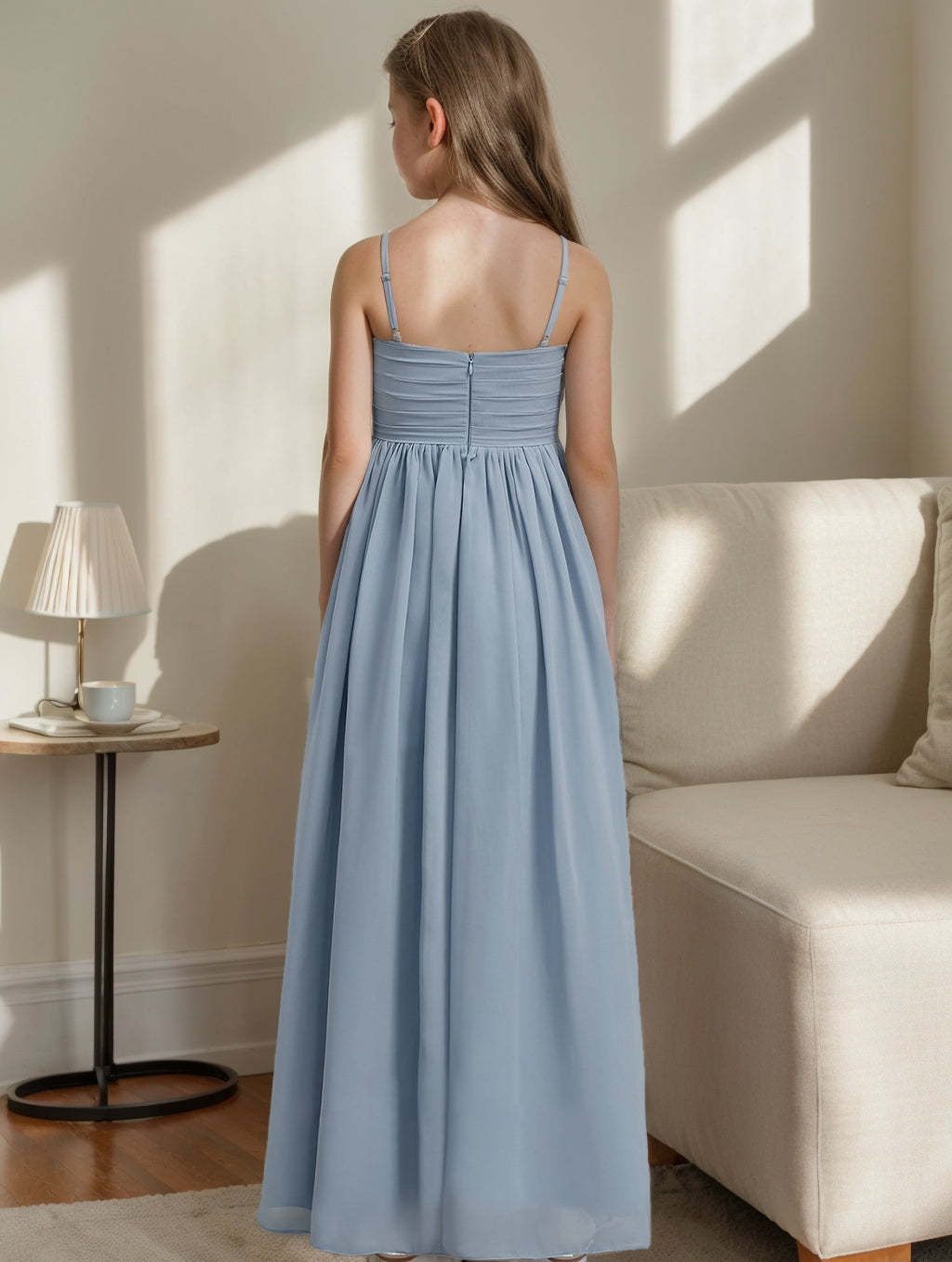 Princess A-line V-Neck Junior Bridesmaid Dress with Spaghetti Straps and Pleats