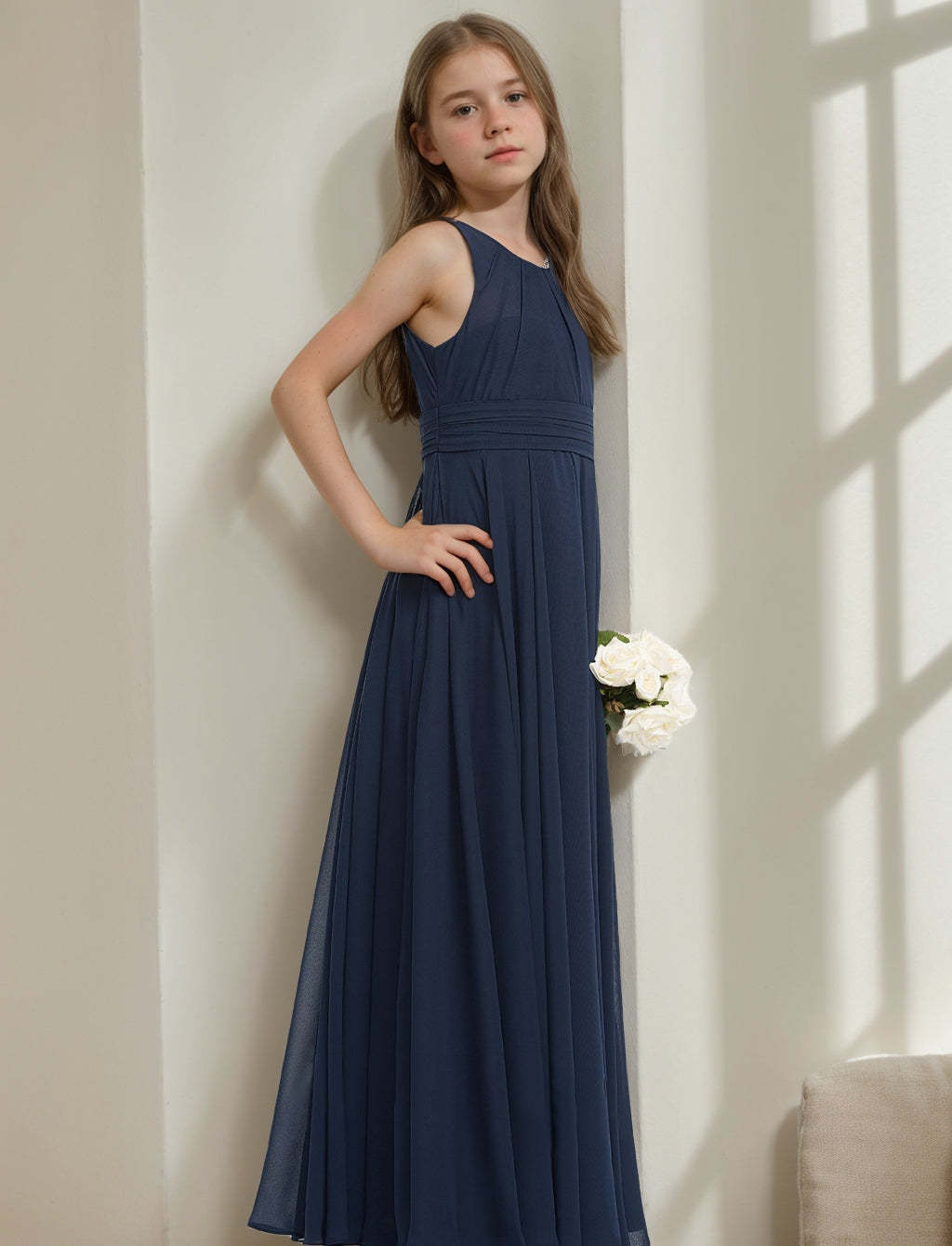 Princess A-line Sleeveless Junior Bridesmaid Dresses with Pleats and Round Neck